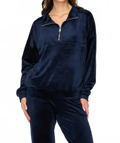 Knit Riot Velour Quarter-zip Pullover Sweatshirt In Navy In Blue