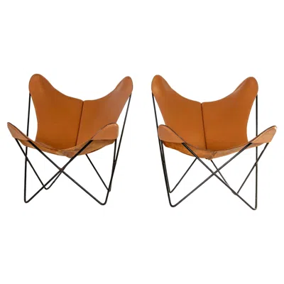 Pre-owned Knoll 1960s Pair Leather Butterfly Chairs Jorge Ferrari Hardoy Bonet And Kurchan  In Brown