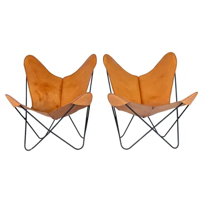 Pre-owned Knoll 1960s Pair Of Leather Butterfly Chairs Jorge Ferrari Hardoy Bonet Kurchan  In Orange
