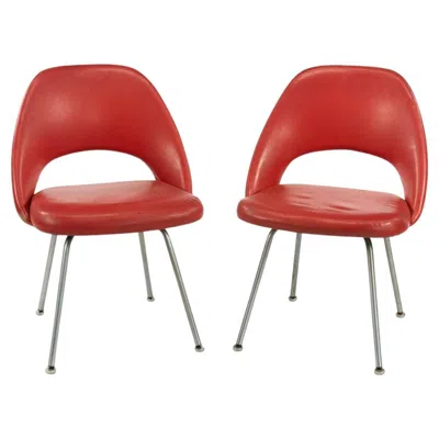Pre-owned Knoll 1963 Pair Of Eero Saarinen For  Red Vinyl Armless Executive Dining Chairs