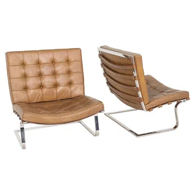 Pre-owned Knoll 1970s Pair Of Mies Van Der Rohe Tugendhat Armless Lounge Chairs In Camel Leather In Brown