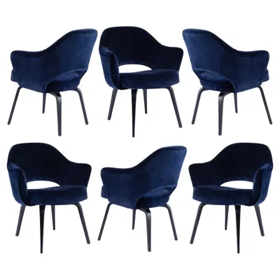 Pre-owned Knoll 6  Saarinen Executive Arm Chairs In Holland & Sherry Navy Velvet, Wood Legs In Blue