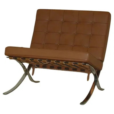 Pre-owned Knoll Barcelona-style Leather Slipper Chair, Handcrafted Steel, Italy, 2005 In Brown
