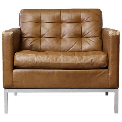 Pre-owned Knoll Florence  Tan Leather Button Tufted Lounge Chair, 1970s In Brown