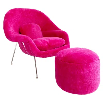 Pre-owned Knoll Forsyth Bespoke Eero Saarinen Womb Chair And Pouf Ottoman In Patagonia Shearling In Red