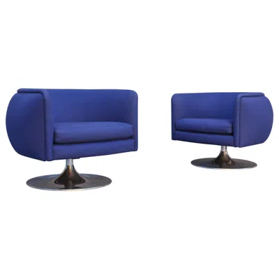 Pre-owned Knoll Joe D'urso For  Pair Of Swivel Club Lounge Chairs In Deep Blue Wool Blend