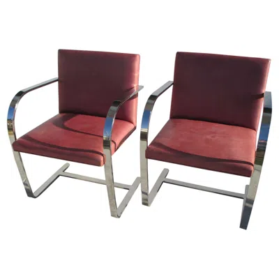 Pre-owned Knoll Midcentury  Mies Van Der Rohe Brno Stainless Steel Flat Bar Chairs-pair In Brown