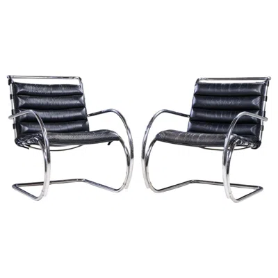 Pre-owned Knoll Mies Van Der Rohe For  Mr Mid Century Black Leather Lounge Chairs - Pair
