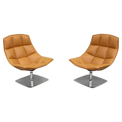 Pre-owned Knoll Modern Contemporary  Jehs+laub Swivel Lounge Chairs In Tan Leather - A Pair In Brown