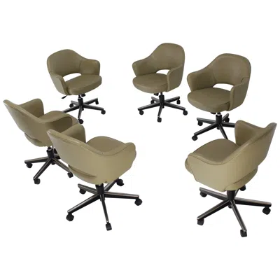 Pre-owned Knoll Olive Leather  Saarinen Six Executive Bucket Chairs Set In Gray