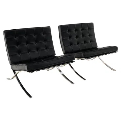 Pre-owned Knoll Pair Barcelona Chairs, Black Leather And Stainless Steel, Mies For , Signed