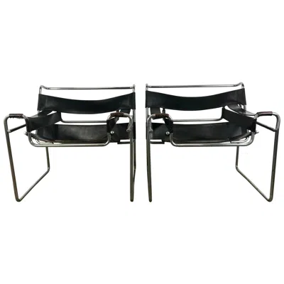 Pre-owned Knoll Pair Of Early Wassily Chairs By Marcel Breuer For , Leather And Chrome In Black