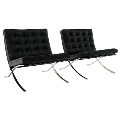 Pre-owned Knoll Pair Of  Black Leather And Stainless Steel Barcelona Chairs, Signed