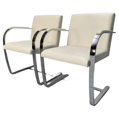 Pre-owned Knoll Pair Of  Studio “brno Flat Bar” Armchairs In Chrome & White Leather