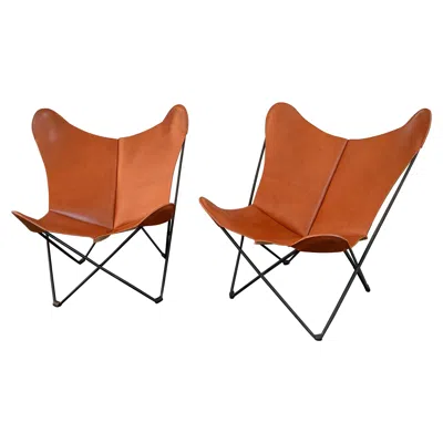Pre-owned Knoll Pair Of Leather Butterfly Chairs By Jorge Ferrari-hardoy For  In Brown