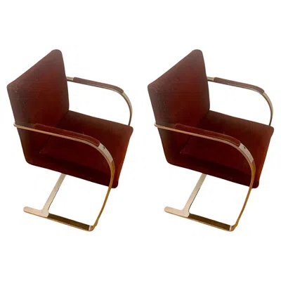Pre-owned Knoll Pair Of Vintage Ludwig Mies Van Der Rohe Flat Bar Brno Chairs For  Mohair In Brown