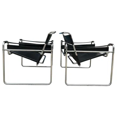 Pre-owned Knoll Pair Of Vintage Mid-century Modern Black Leather Wassily Lounge Chairs For