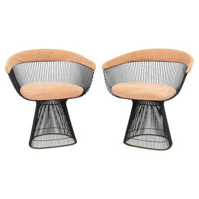 Pre-owned Knoll Pair Of Warren Platner For  Dining Arm Chairs With Bronzed Frames In Sand