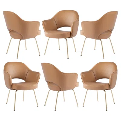 Pre-owned Knoll Saarinen Executive Arm Chairs In Camel Leather With Brass Legs, Set Of 6 In Brown