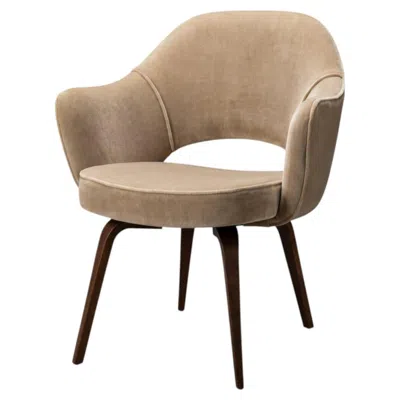 Pre-owned Knoll Saarinen Executive Arm Chairs In Sand Mohair, Walnut Legs In Brown