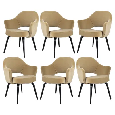 Pre-owned Knoll Saarinen Executive Arm Chairs In Sand Velvet & Ebony Oak Legs - Set Of 6 In Black
