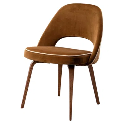 Pre-owned Knoll Saarinen Executive Armless Chairs In Cognac & Créme Velvet, Walnut Legs In Brown