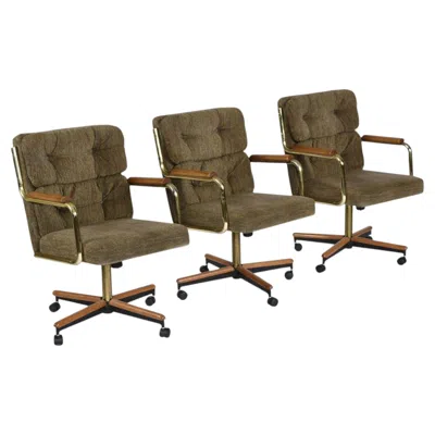 Pre-owned Knoll Set Of Three Stoneville Swivel Armchairs In Brass And Oak, Usa In Brown