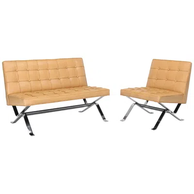 Pre-owned Knoll Tufted Upholstery Chrome Base Settee Loveseat Sofa Couch Lounge Chair Set In Sand