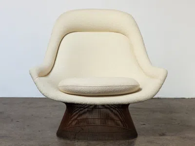 Pre-owned Knoll Warren Platner For  Original Bronzed Easy Lounge Chair In Boucle Pearl In Gold