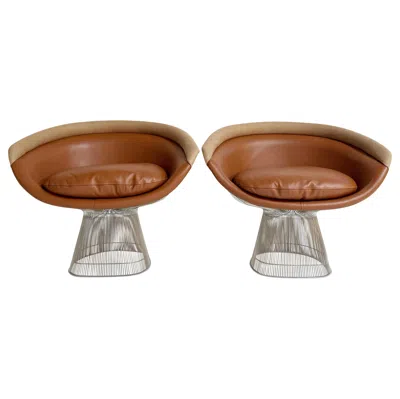 Pre-owned Knoll Warren Platner Lounge Chairs, Restored In Loro Piana Leather And Linen, Pair In Brown