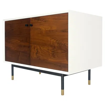 Pre-owned Knoll White Lacquer Oiled Walnut Double Door Cylinder Legs Brass Tips Legs Credenza