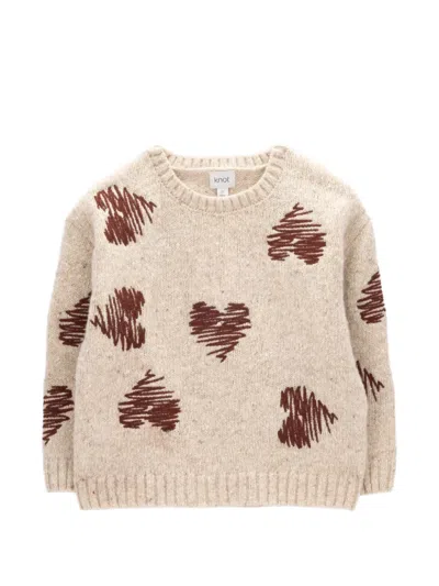 Knot Kids' Hearts Heart-embroidered Knitted Sweater In Neutrals