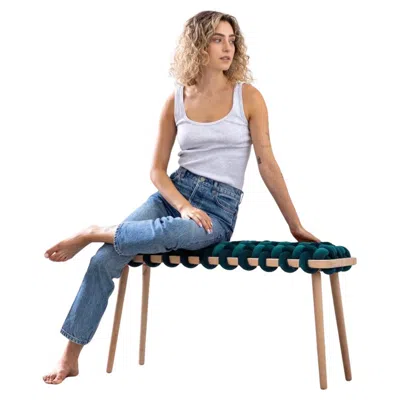Pre-owned Knots Studio Hand Made Petrol Velvet Woven Bench 47" Length By  In Brown