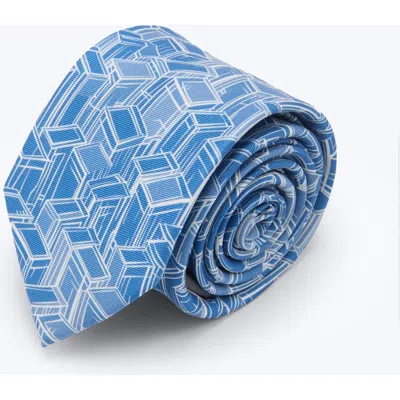 Knottery & Co Geometric Cube Printed Silk Tie In Blue