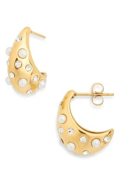 Knotty Faux Pearl & Crystal Droplet Huggie Hoop Earrings In Gold