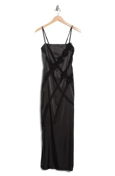Know One Cares Flower Trim Satin Maxi Slipdress In Black