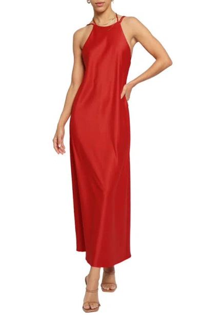 Know One Cares Satin Bias Cut Maxi Dress In Red
