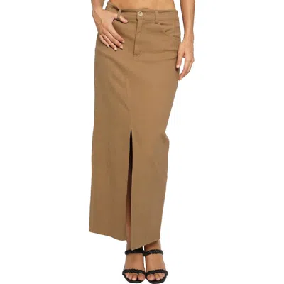 Know One Cares Slit Front Stretch Cotton Maxi Skirt In Brown