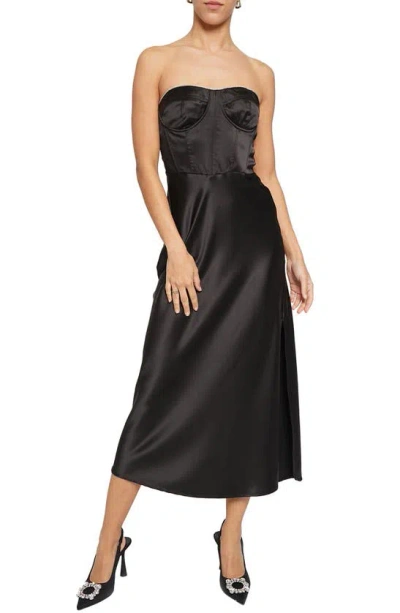 Know One Cares Strapless Satin Corset Midi Dress In Black