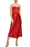 Know One Cares Strapless Satin Corset Midi Dress In Red