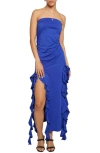 Know One Cares Strappless Ruffle Dress In Royal