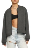 Know One Cares Stretch Knit Ponte Bomber Jacket In Charcoal