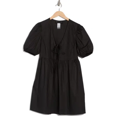 Know One Cares Tie Front Puff Sleeve Poplin Minidress In Black