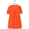 Know One Cares Tie Front Puff Sleeve Poplin Minidress In Orange