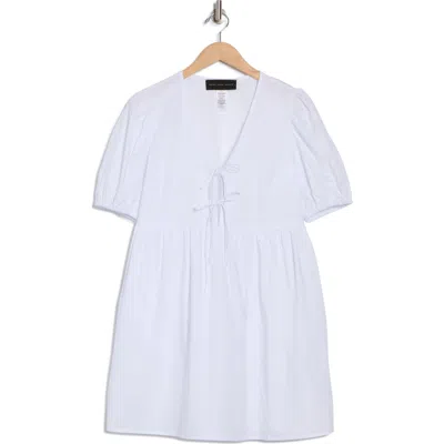 Know One Cares Tie Front Puff Sleeve Poplin Minidress In White