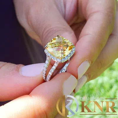 Pre-owned Knr 14k White Gold Cushion Citrine And Round Natural Diamonds Engagement Ring 4.80ct In Yellow