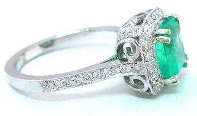 Pre-owned Knr 14k White Gold Cushion Cut Emerald And Round Diamond Ring Halo Bridal 2.00ctw In Green