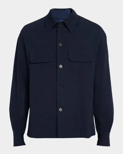Knt Men's Cotton Stretch Flap-pocket Overshirt In Blue
