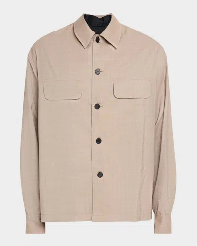 Knt Men's Wool Sharkskin Flap-pocket Overshirt In Sand