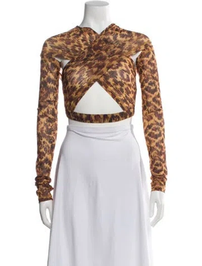 Pre-owned Knwls Animal Print Asymmetrical Crop Top In Brown